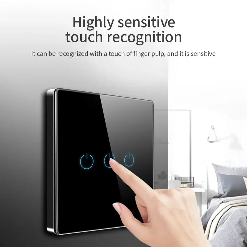 Wall Touch Switch 3Gang Tempered Black Crystal Glass Panel Power Wall Light Sensor Switches
