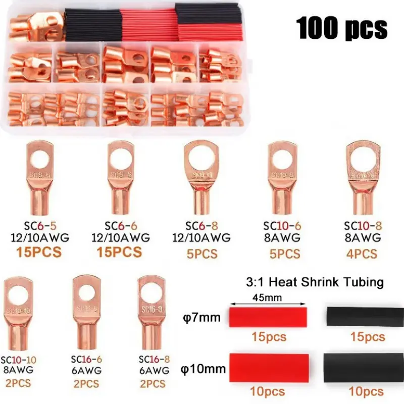 100pcs Copper Terminal Connectors, AWG 4 6 8 10 12 Ring Lug Kit With Shrink Tubing 50 Battery Cable Lugs, With 50 Shrink Tubing