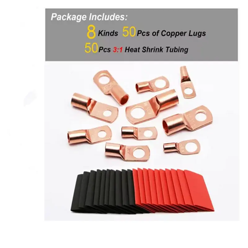 100pcs Copper Terminal Connectors, AWG 4 6 8 10 12 Ring Lug Kit With Shrink Tubing 50 Battery Cable Lugs, With 50 Shrink Tubing