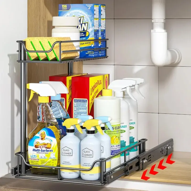 2 Tier Under Sink Organizer Sliding Cabinet Basket Organizer Storage Rack with Hooks Hanging Cup Bathroom Kitchen Organizer
