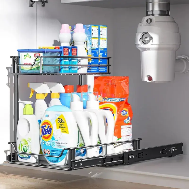 2 Tier Under Sink Organizer Sliding Cabinet Basket Organizer Storage Rack with Hooks Hanging Cup Bathroom Kitchen Organizer