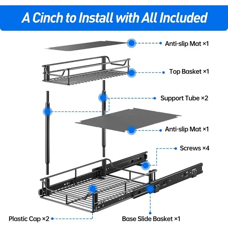 2 Tier Under Sink Organizer Sliding Cabinet Basket Organizer Storage Rack with Hooks Hanging Cup Bathroom Kitchen Organizer