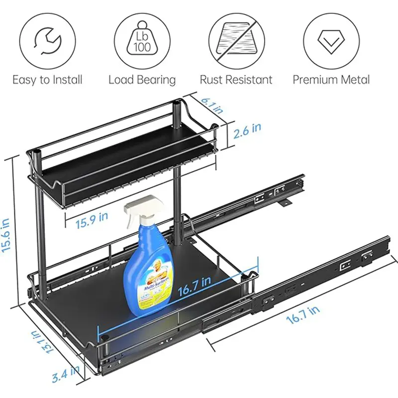 2 Tier Under Sink Organizer Sliding Cabinet Basket Organizer Storage Rack with Hooks Hanging Cup Bathroom Kitchen Organizer