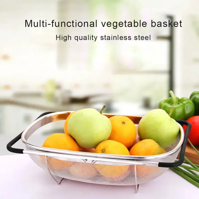 Stainless Steel Retractable Drain Basket Rubber Grip Handles Oval Colander Sink Vegetables Draining Rack Home Storage Basket