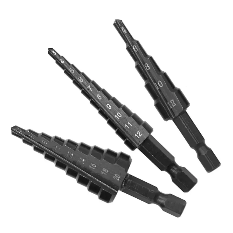 3pcs Black Hexagonal Shank Straight Slot Ladder Drill Bit Reaming and Hole Opening Blackened Pagoda Drill Tool Set