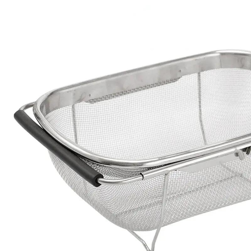 Stainless Steel Retractable Drain Basket Rubber Grip Handles Oval Colander Sink Vegetables Draining Rack Home Storage Basket