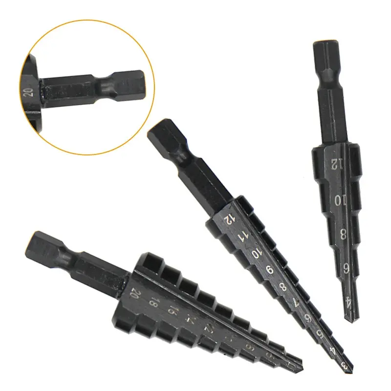 3pcs Black Hexagonal Shank Straight Slot Ladder Drill Bit Reaming and Hole Opening Blackened Pagoda Drill Tool Set