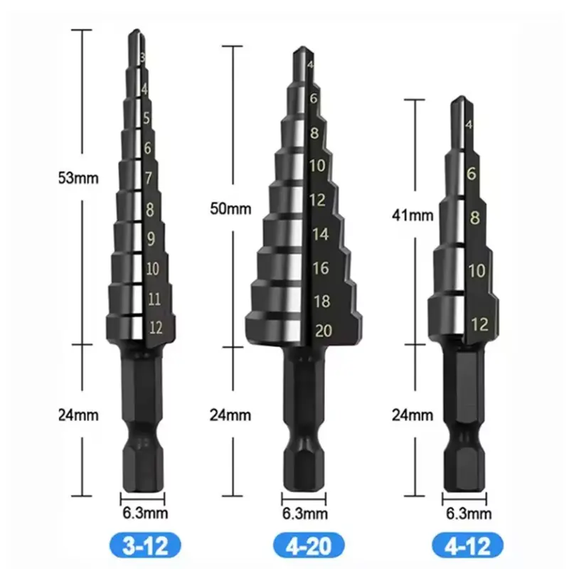 Hexagonal shank straight groove black step drill bit 3-12/4-12/4-20/4-32mm reaming step drill tower drill tool set