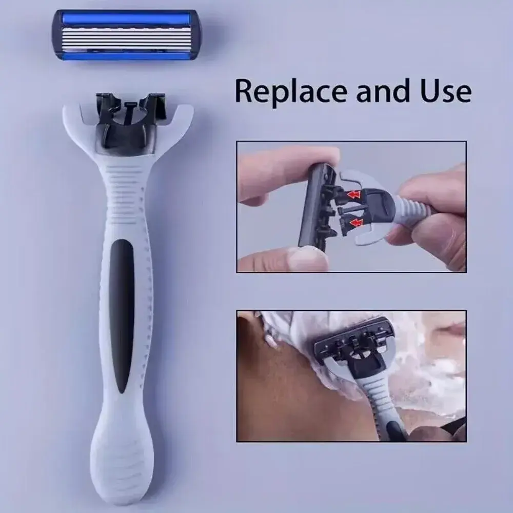 Men's manual razor safety razor 6-layer stainless steel hair removal knife, replaceable razor head, razor tools.