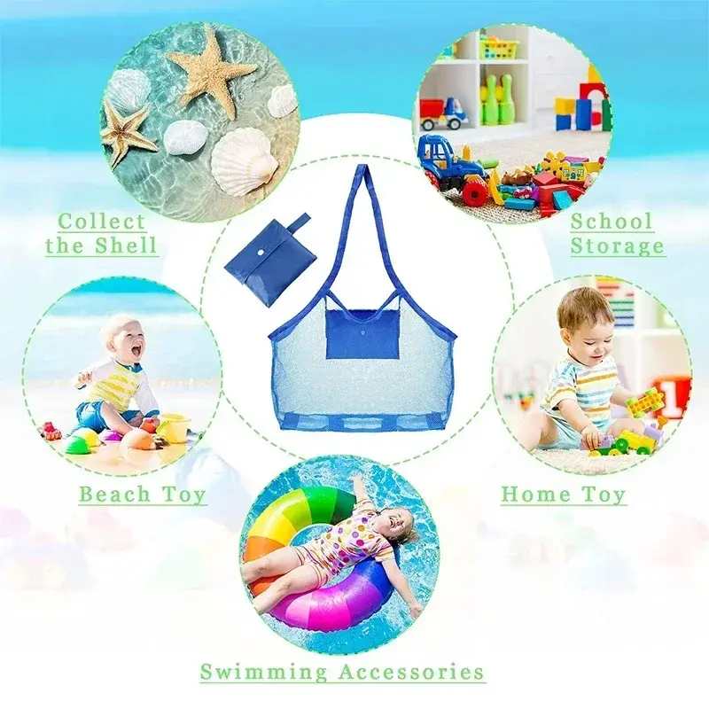 Grande saco de malha de brinquedo de praia crianças areia longe saco de malha portátil saco de armazenamento