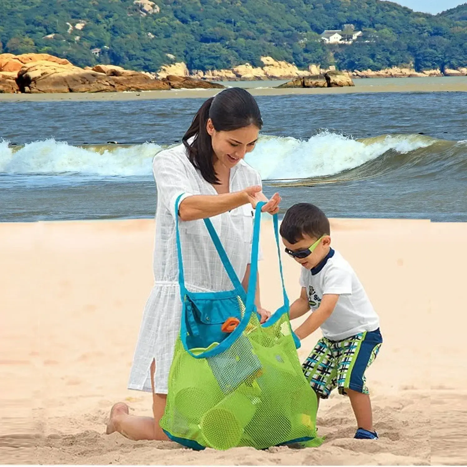 Grande saco de malha de brinquedo de praia crianças areia longe saco de malha portátil saco de armazenamento