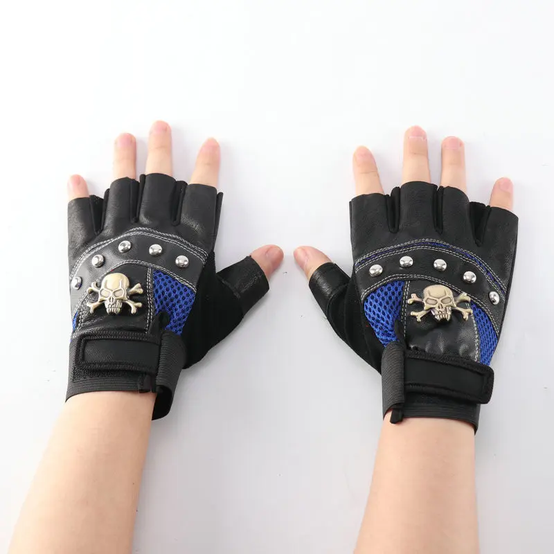 Pu Half-finger Leather Gloves Men's Four Seasons Mountaineering Riding Tactics Personality Skull Rivet Fitness Protective Gloves