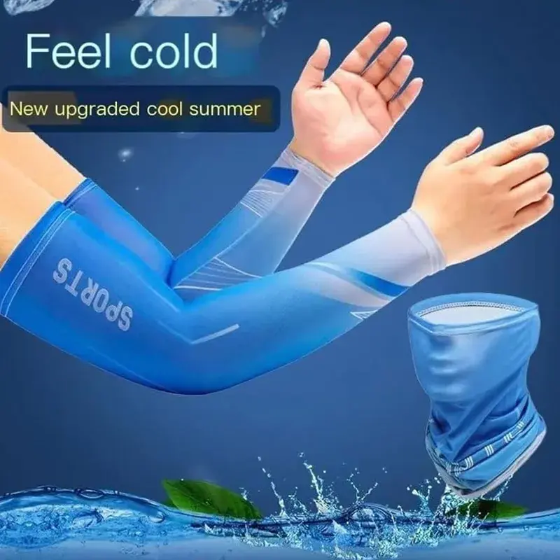 2Pcs Set Summer Ice Silk Cycling Arm Sleeves Breathable Bandana Mask Combination Suit Elastic Cold UV Sun Protection