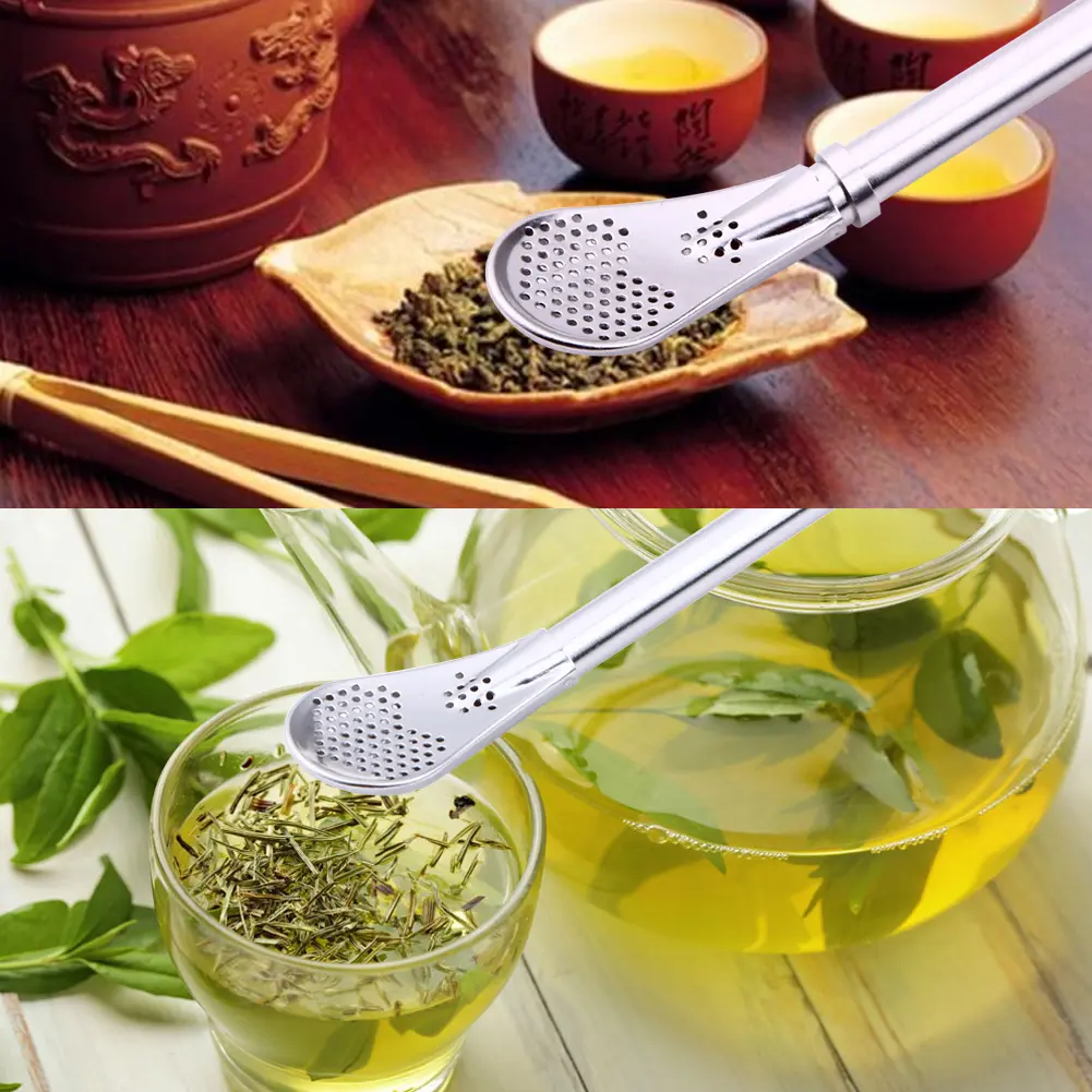 1-5PC Drinking Straw Filter Handmade Stainless Steel Drinking Straw Spoon Tea Filter Tea Straws Reusable Tea Spoon Bar Accessory