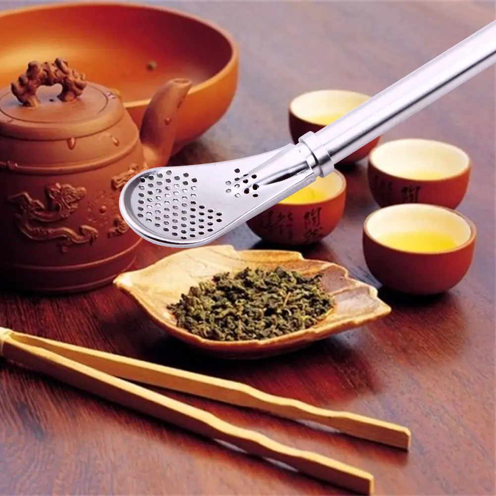 1-5PC Drinking Straw Filter Handmade Stainless Steel Drinking Straw Spoon Tea Filter Tea Straws Reusable Tea Spoon Bar Accessory