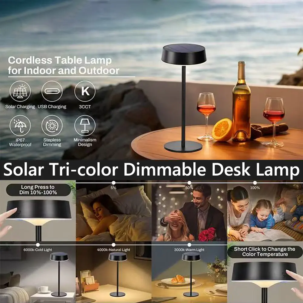 Solar Desk Lamp Solar Light Table Lamp For Bedroom Camping Two Charging Way 3 Color Temperature Waterproof Night Lights For Home