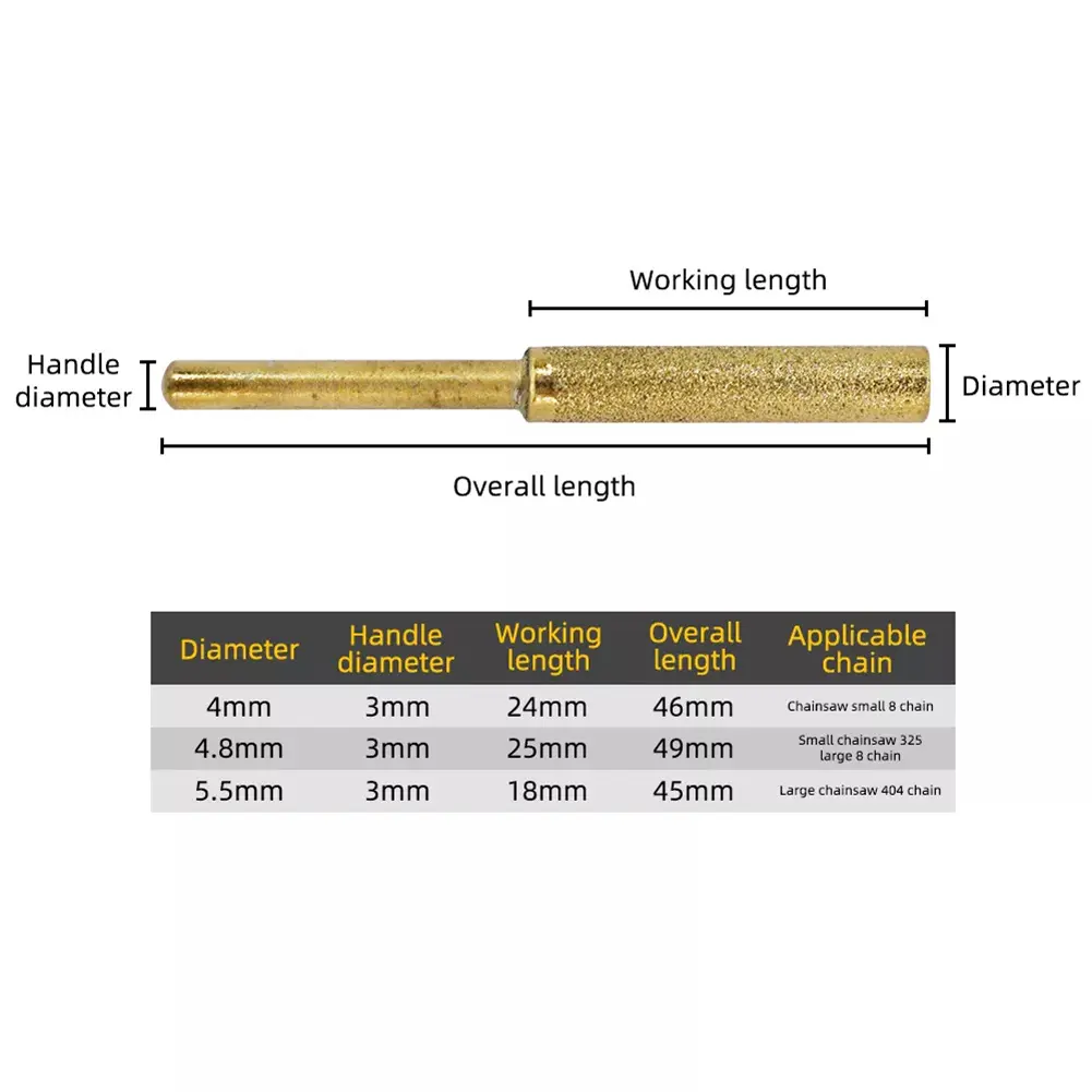 15 Pcs Diamond Coated Cylindrical Burr Set 4/4.8/5.5mm Chainsaw Sharpener Stone File Chain Saw Carving Abrasive Grinding Tools