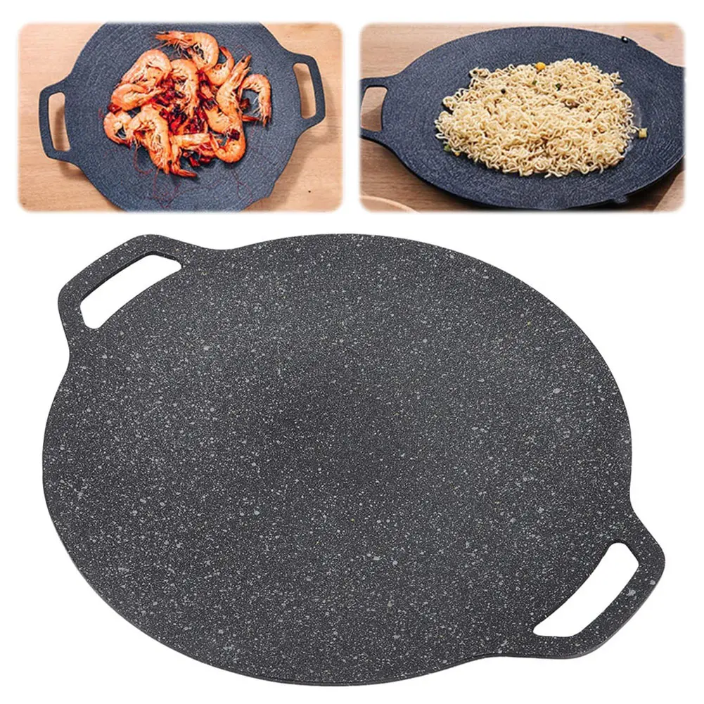 Korean Grill Pan Medical Stone Coating Round BBQ Griddle with Handle Baking Tray for Indoor Or Outdoor Grilling