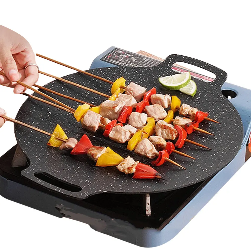 Korean Grill Pan Medical Stone Coating Round BBQ Griddle with Handle Baking Tray for Indoor Or Outdoor Grilling