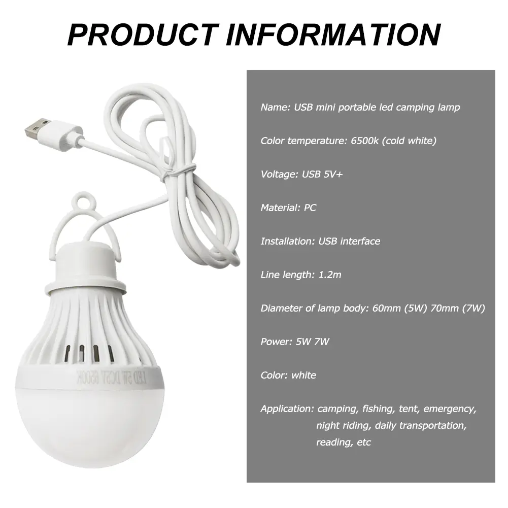 1/2pcs Portable Lantern Camp Lights USB Bulb 5W/7W Power Outdoor Camping Multi Tool 5V LED for Tent Camping Gear Hiking USB Lamp