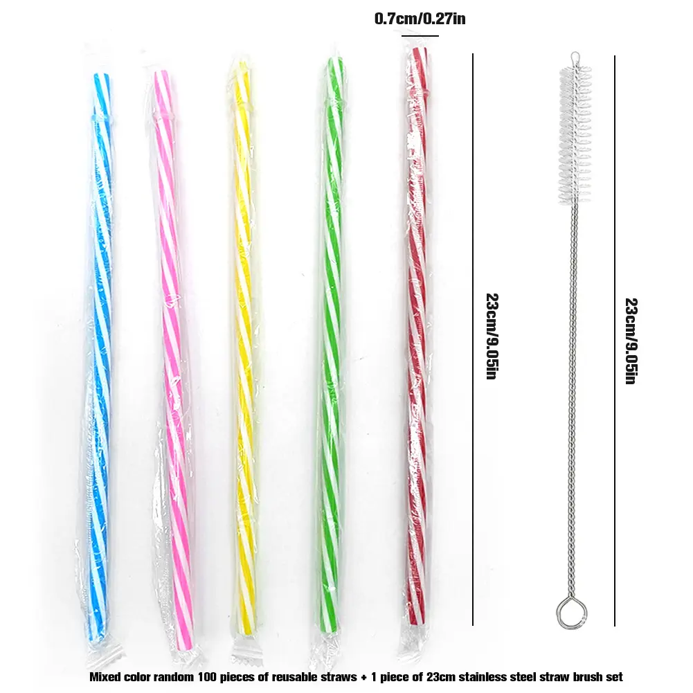 100Pcs Cocktail Straw with Straw Brush Flexible Plastic Straw Reusable Colored Drinking Straws Wedding Party Supplies Straw