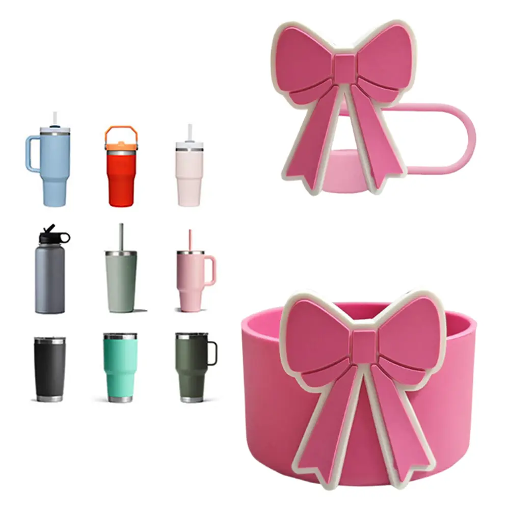 Cute Bow Silicone Boot Sleeve Silicone Bottom Cover Sleeve Boot and Straw Cover Set for 40 Oz Tumbler Cup