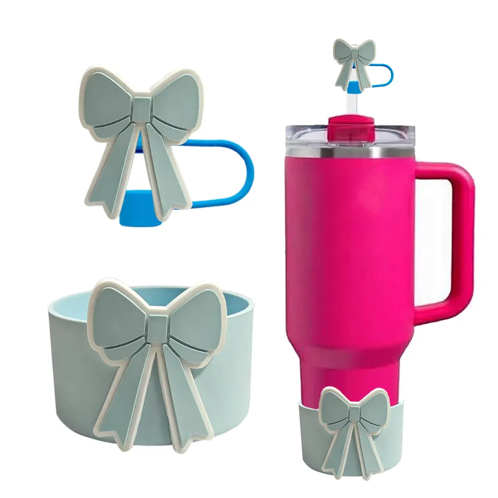 Cute Bow Silicone Boot Sleeve Silicone Bottom Cover Sleeve Boot and Straw Cover Set for 40 Oz Tumbler Cup