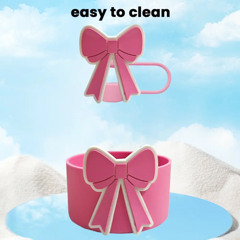 Cute Bow Silicone Boot Sleeve Silicone Bottom Cover Sleeve Boot and Straw Cover Set for 40 Oz Tumbler Cup