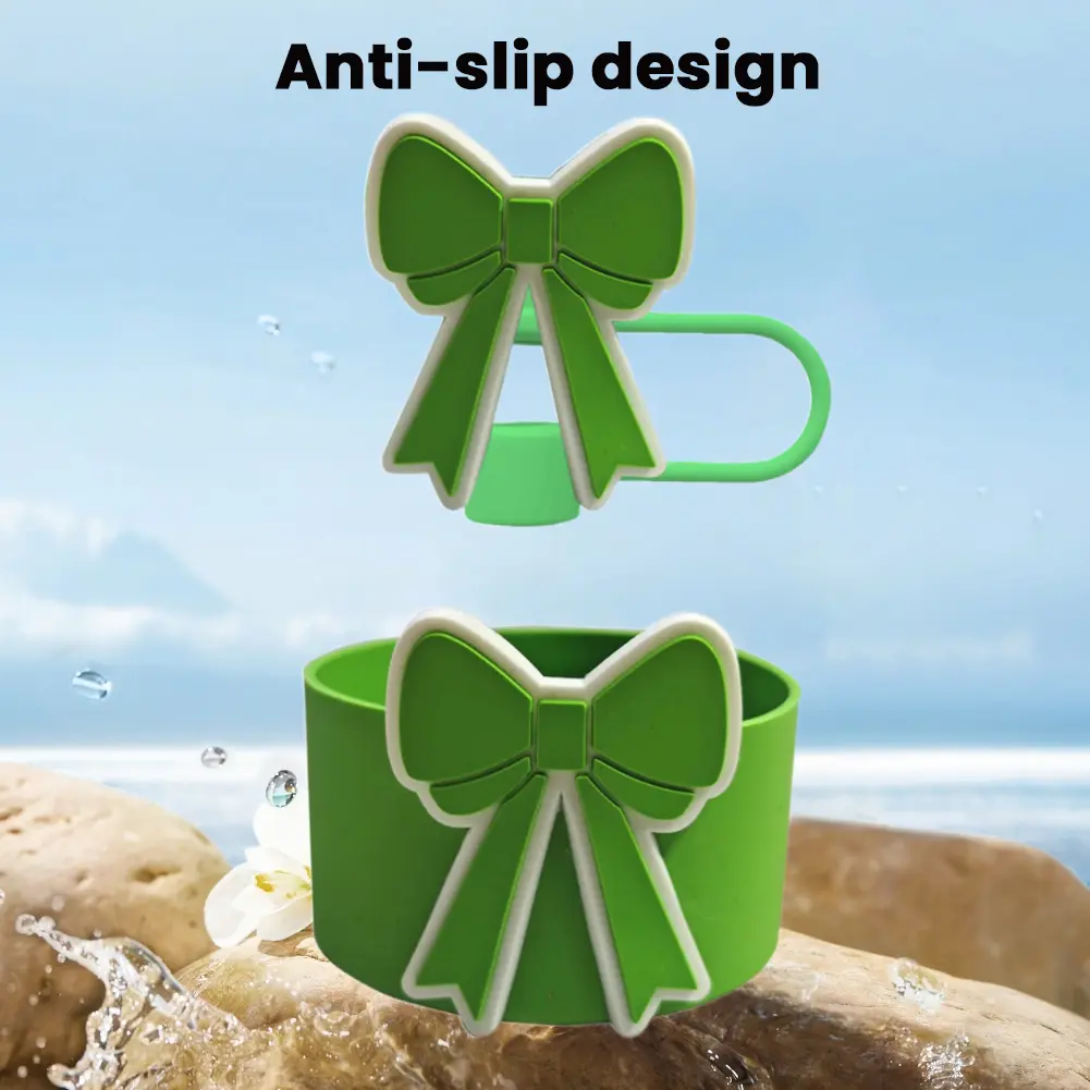 Cute Bow Silicone Boot Sleeve Silicone Bottom Cover Sleeve Boot and Straw Cover Set for 40 Oz Tumbler Cup