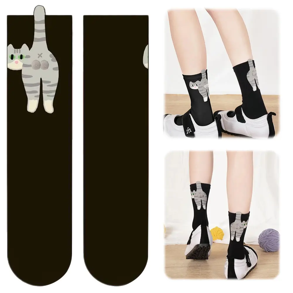 1-6Pairs White Cartoon Cat Egg Socks Female Summer Outside Ins Cotton Japanese Cute Quirky Mid-calf Socks Cat Print Floor Socks