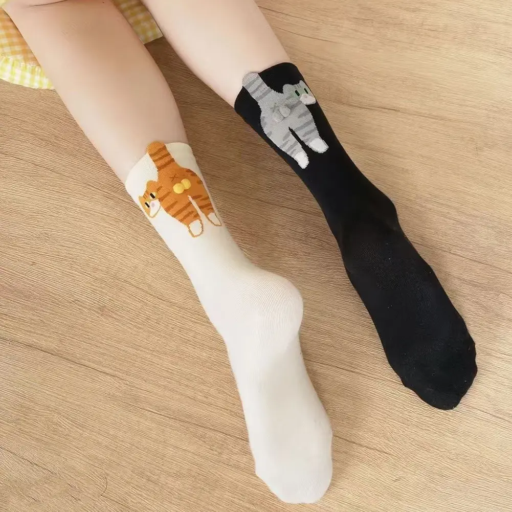 1-6Pairs White Cartoon Cat Egg Socks Female Summer Outside Ins Cotton Japanese Cute Quirky Mid-calf Socks Cat Print Floor Socks