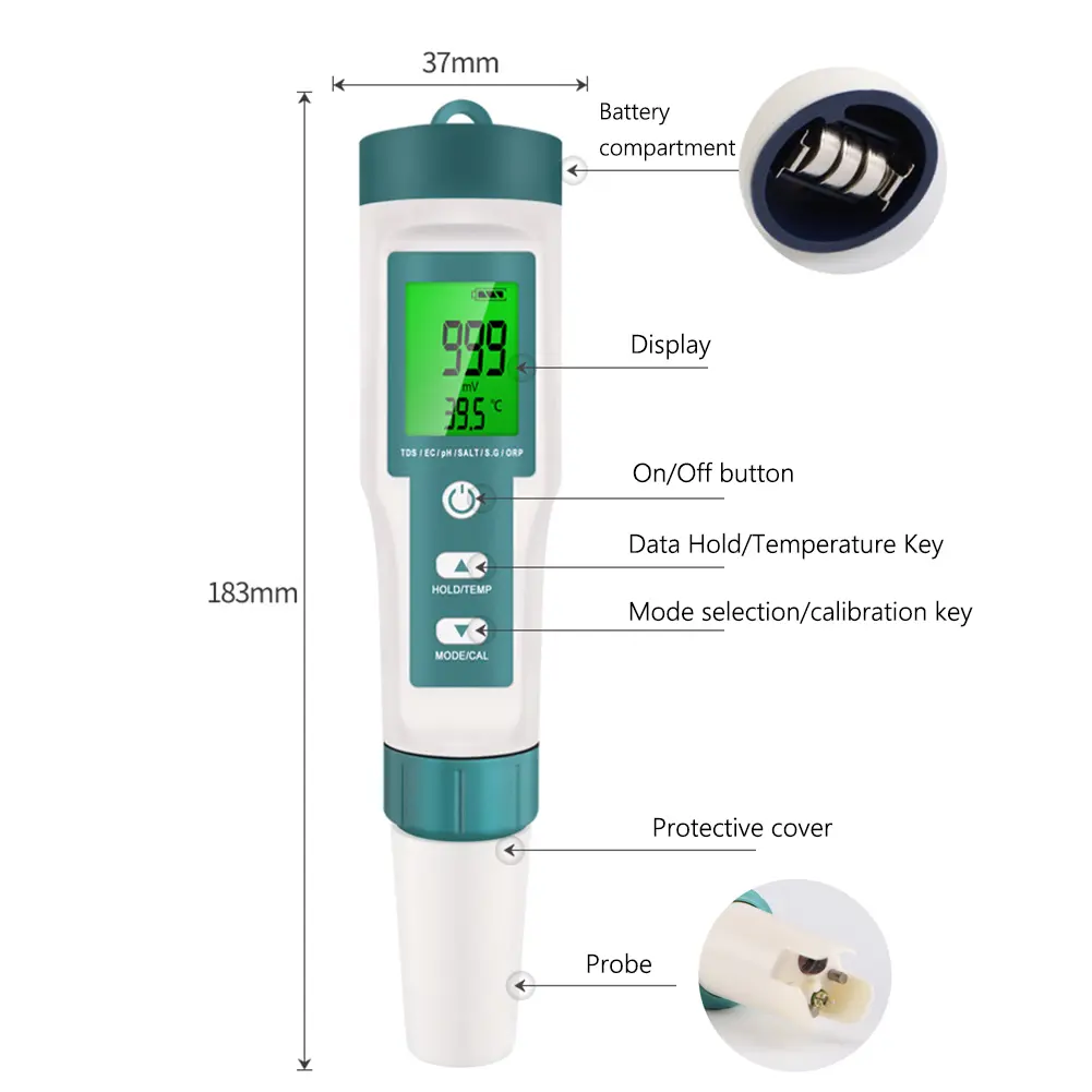 7 in 1 Digital Water Quality Tester Pen ORP PH TDS EC Meter TDS/EC/ORP/Salinity/SG/Temperature PH Meter for Saltwater Pool