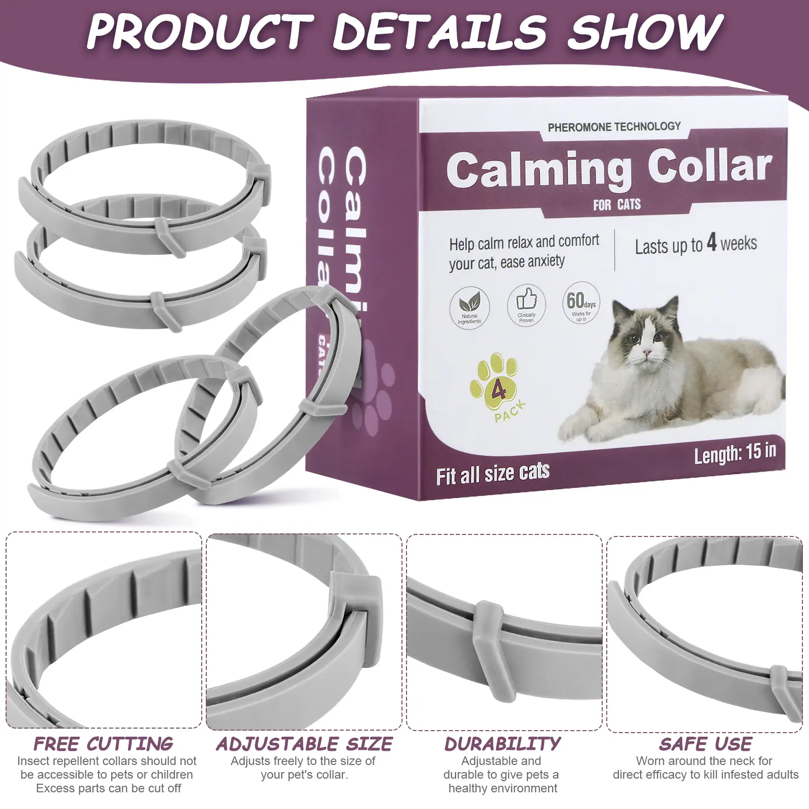 4Pcs Cat Calming Collar Cat Pheromone Collar Adjustable Calming Pheromone Collar Helps with Aggression for All Types of Cats