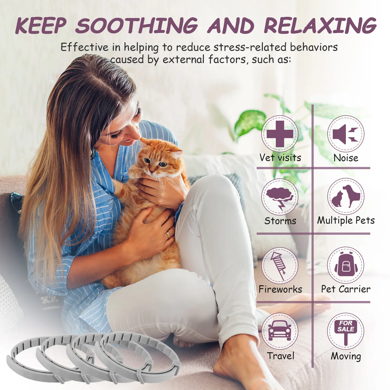 4Pcs Cat Calming Collar Cat Pheromone Collar Adjustable Calming Pheromone Collar Helps with Aggression for All Types of Cats