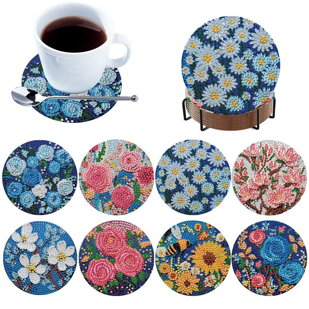 8Pcs Wooden Flowers Diamond Painting Coasters 5D Diamond Painting Kits DIY Coaster Diamond Dot Kits for Home Table Decor
