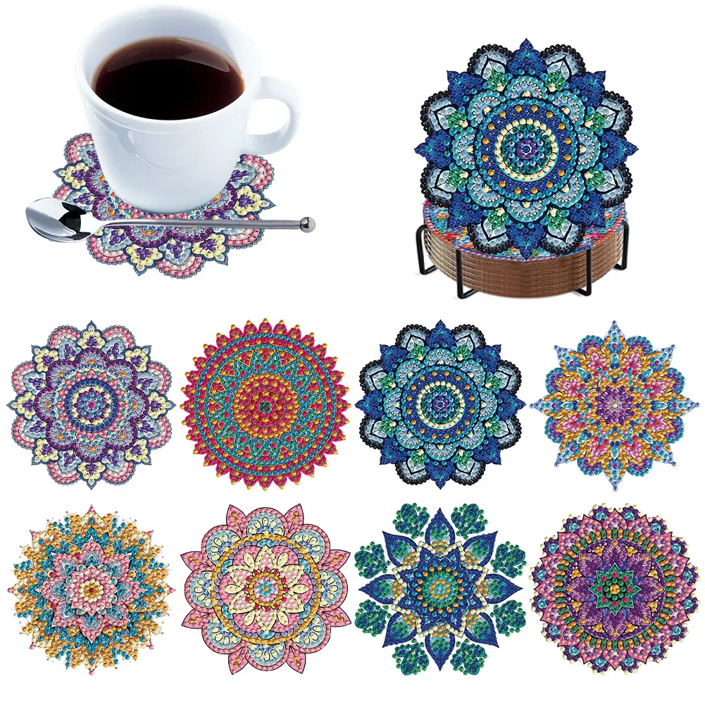 8Pcs Wooden Flowers Diamond Painting Coasters 5D Diamond Painting Kits DIY Coaster Diamond Dot Kits for Home Table Decor