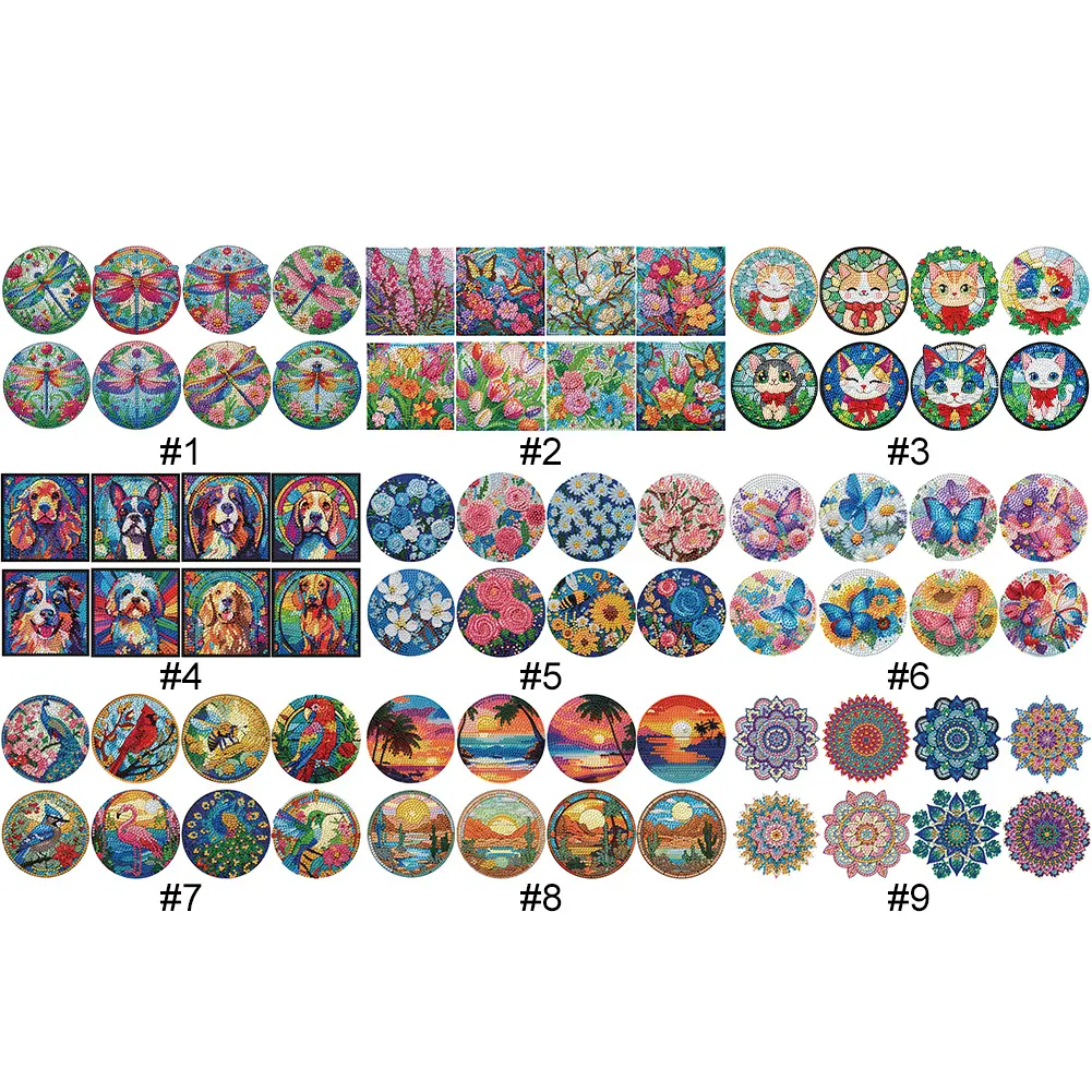 8Pcs Wooden Flowers Diamond Painting Coasters 5D Diamond Painting Kits DIY Coaster Diamond Dot Kits for Home Table Decor