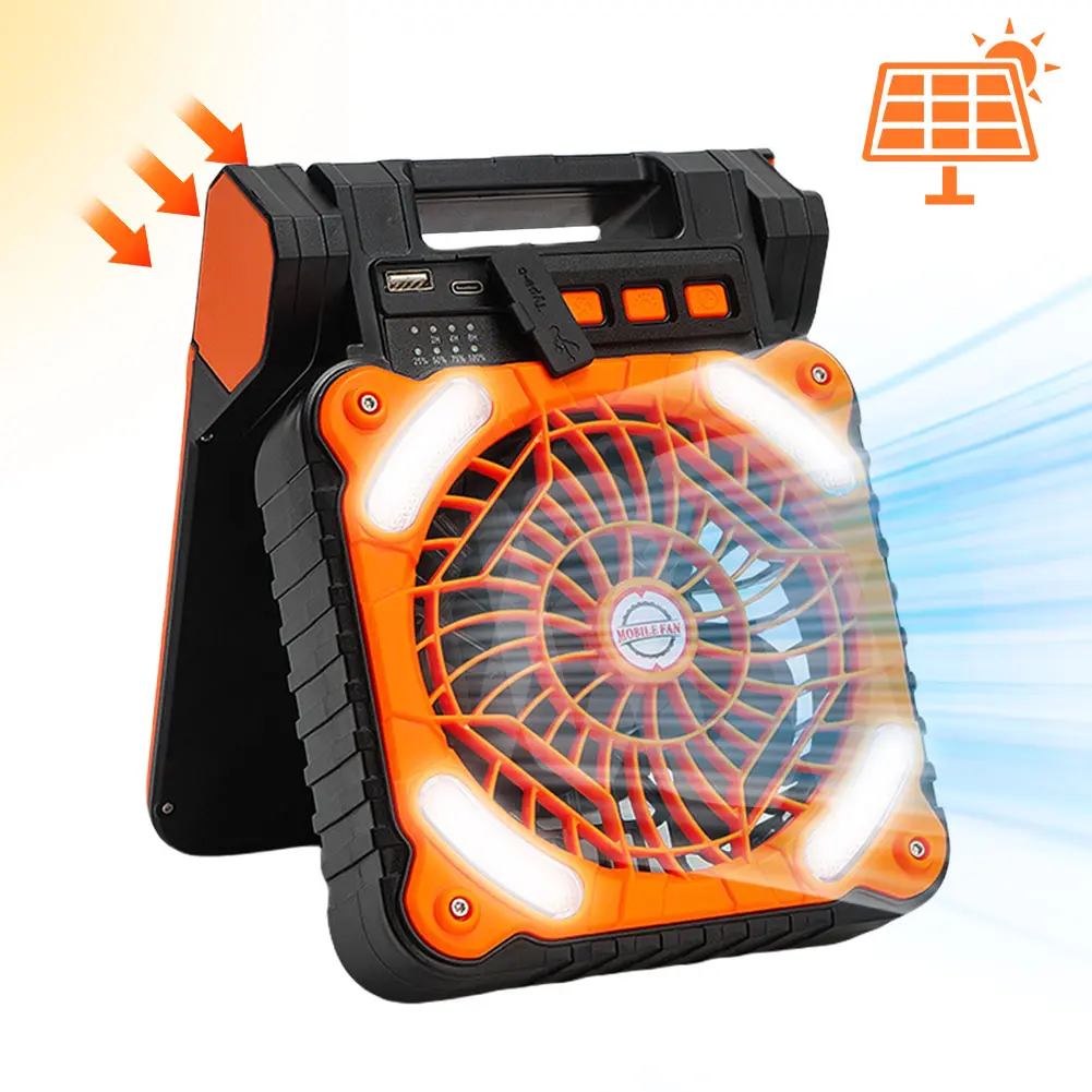 Solar Outdoor Camping Fan with LED Light 5200mAh Solar Portable Electric Fan 4 Wind Speeds Solar Cordless Tent Fan for Emergency