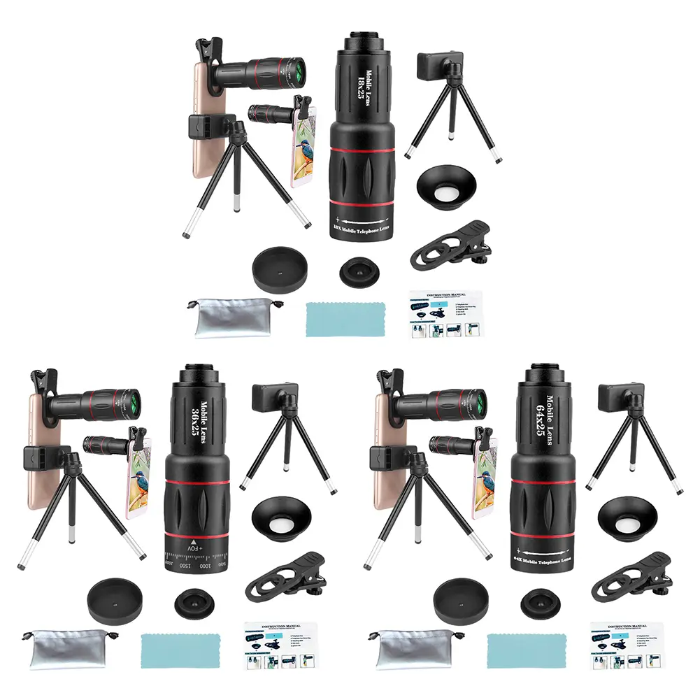Lens Universal Clip 18X 36X 64X Zoom Phone Camera Telephoto Lens Monocular Telescope Phone Universal Optical Telescope Lens Kit