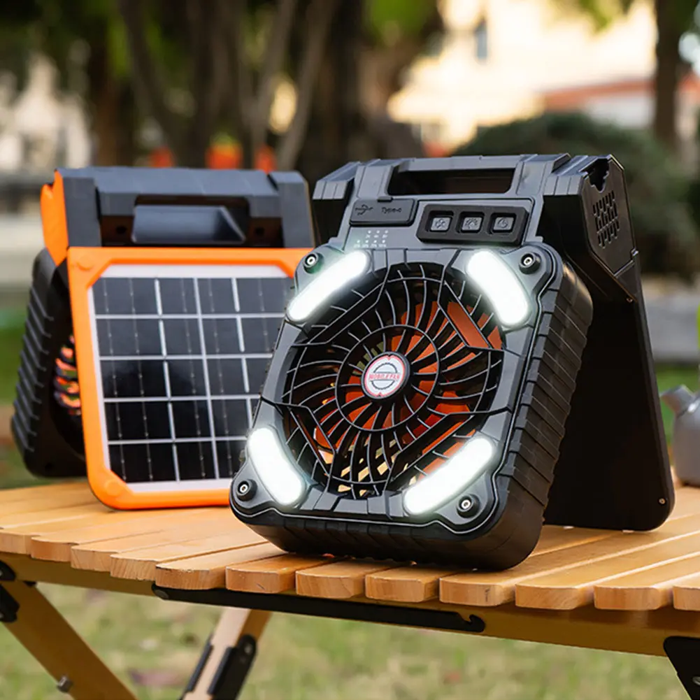 Solar Outdoor Camping Fan with LED Light 5200mAh Solar Portable Electric Fan 4 Wind Speeds Solar Cordless Tent Fan for Emergency