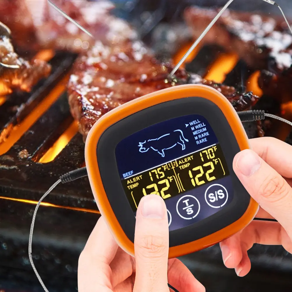 Digital Meat Temperature Thermometer Probe Touch Screen Waterproof Meat Temperature Probe with 2 Probes for Grilling BBQ Cooking