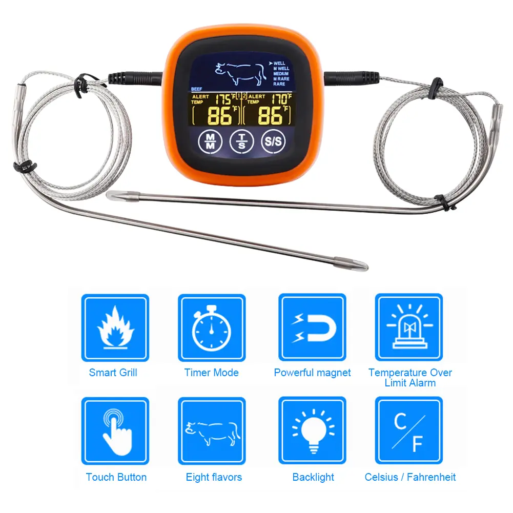 Digital Meat Temperature Thermometer Probe Touch Screen Waterproof Meat Temperature Probe with 2 Probes for Grilling BBQ Cooking