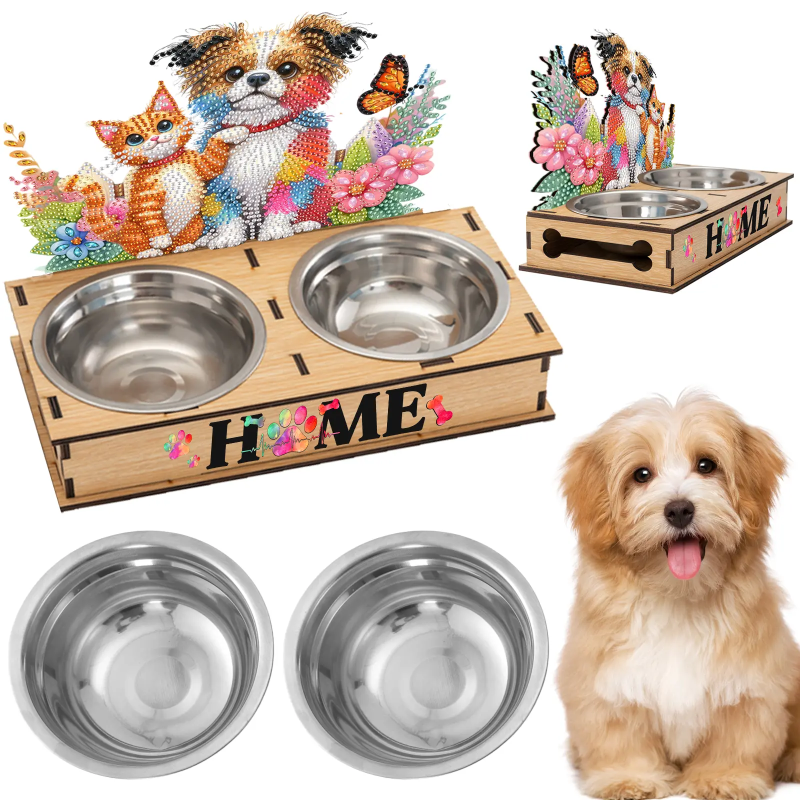 Diamond Painting Pet Bowl with Wood Stand Diamond Food Bowl Art Projects Diamond Painting Pet Feeder Making Kit for Cats Dogs