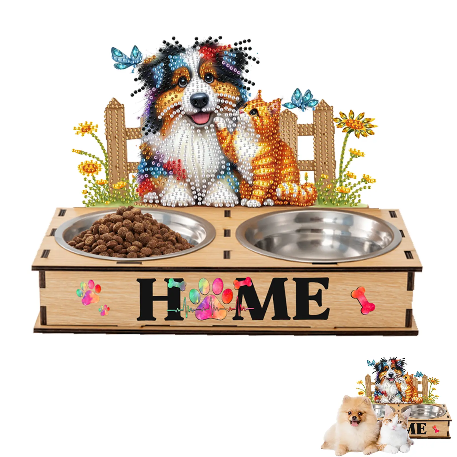 Diamond Painting Pet Bowl with Wood Stand Diamond Food Bowl Art Projects Diamond Painting Pet Feeder Making Kit for Cats Dogs