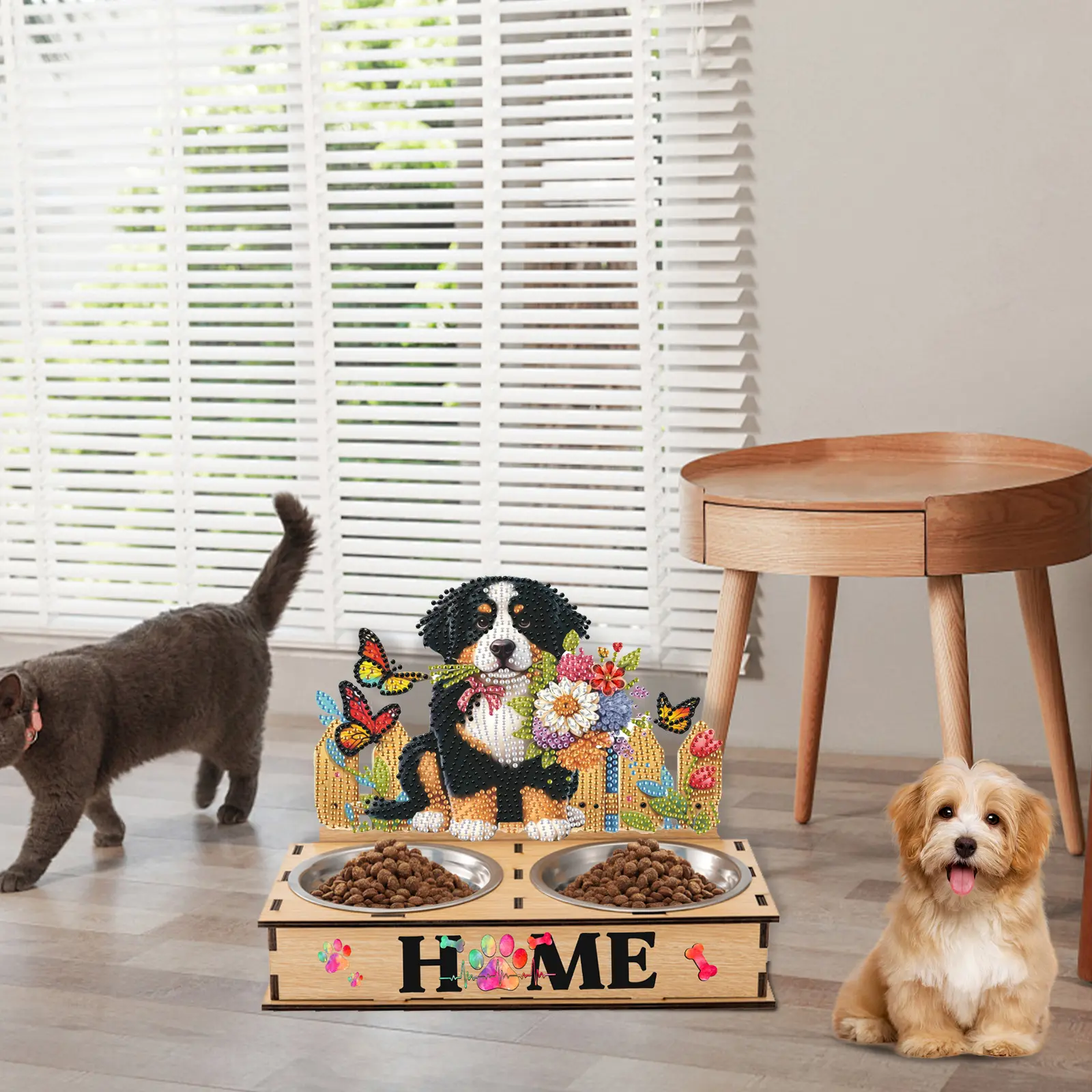 Diamond Painting Pet Bowl with Wood Stand Diamond Food Bowl Art Projects Diamond Painting Pet Feeder Making Kit for Cats Dogs