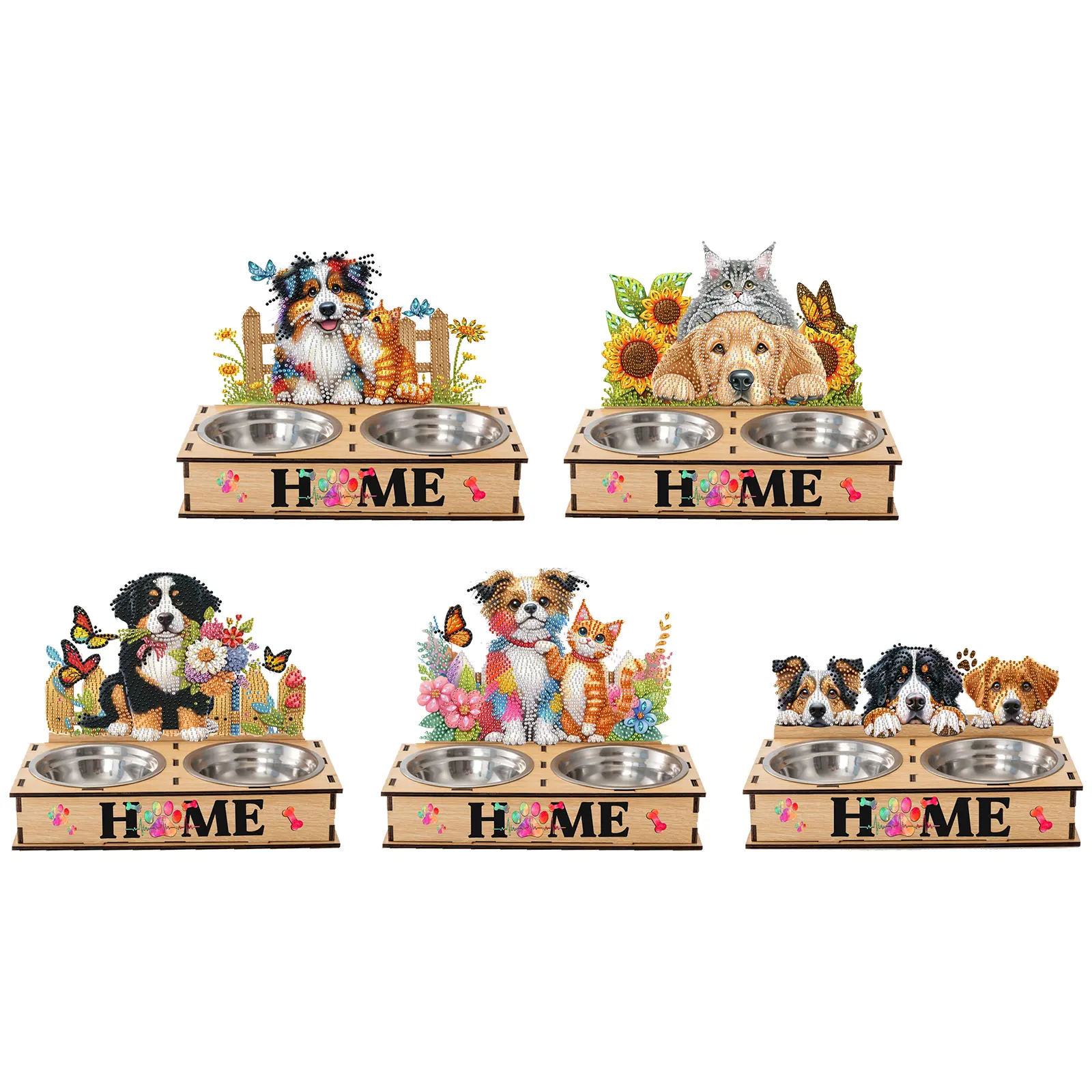 Diamond Painting Pet Bowl with Wood Stand Diamond Food Bowl Art Projects Diamond Painting Pet Feeder Making Kit for Cats Dogs