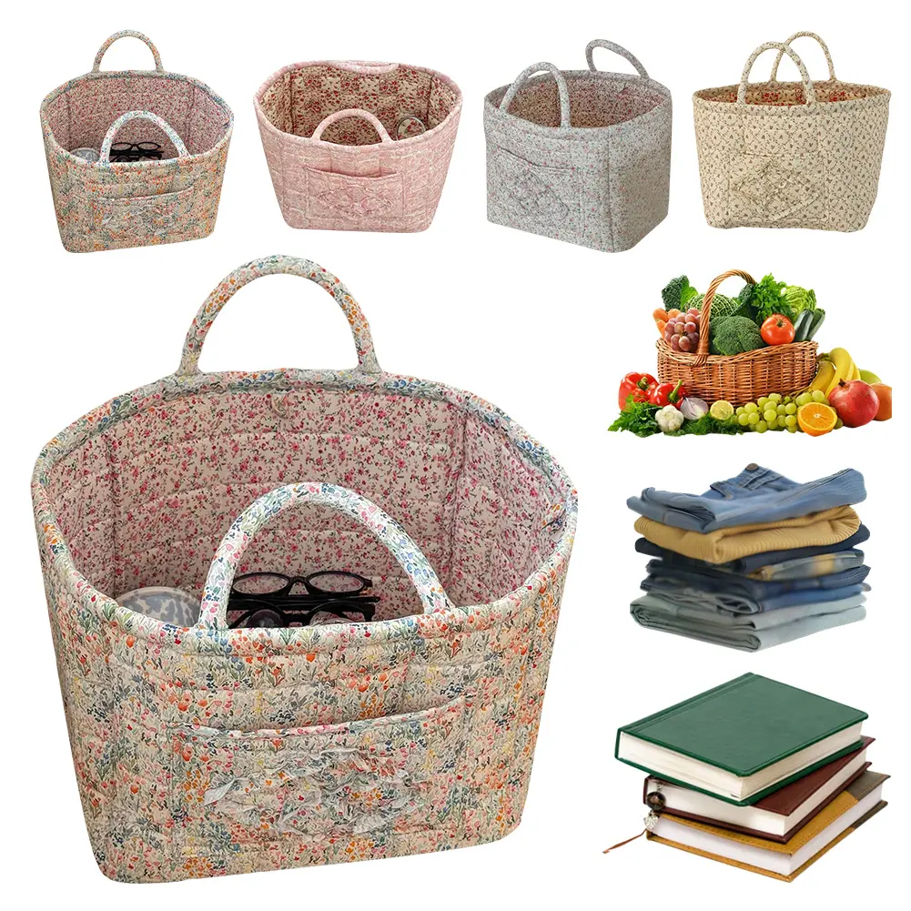 Floral Fabric Storage Basket Large Capacity Portable Folding Storage Bag with Handles Laundry Hamper for Clothes and Sundries