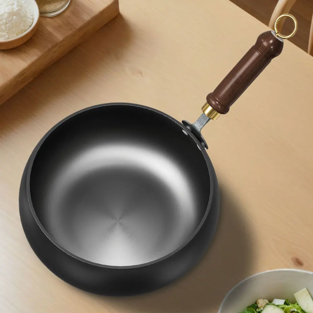 Uncoated Iron Pan with Wooden Handle Frying Pan Flat Bottom Iron Pot for Indoor and Outdoor Cooking