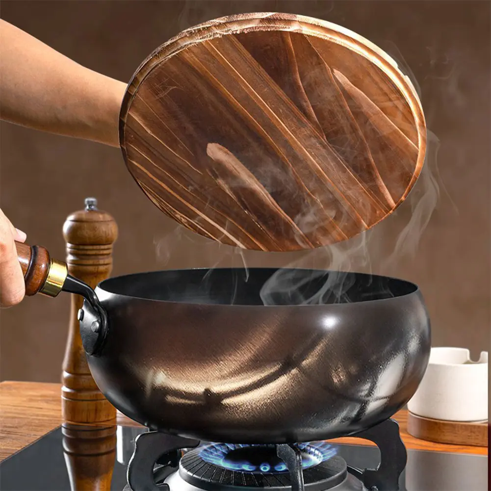 Uncoated Iron Pan with Wooden Handle Frying Pan Flat Bottom Iron Pot for Indoor and Outdoor Cooking