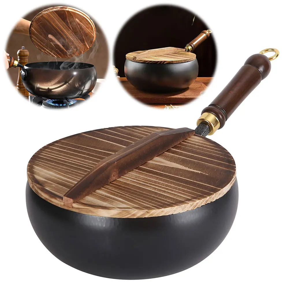 Uncoated Iron Pan with Wooden Handle Frying Pan Flat Bottom Iron Pot for Indoor and Outdoor Cooking